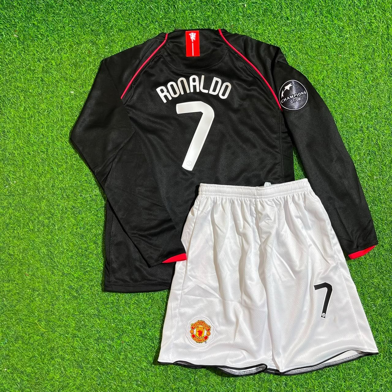 Cristiano Ronaldo 7 Manchester United 2007-2008 Black Champions League Patch KinderTrikot Kids Football Jersey