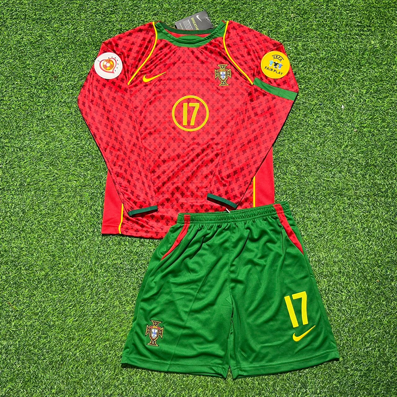 Portugal EURO 2004 Cristiano Ronaldo Long Sleeve Retro Home Red Kids Football Jersey