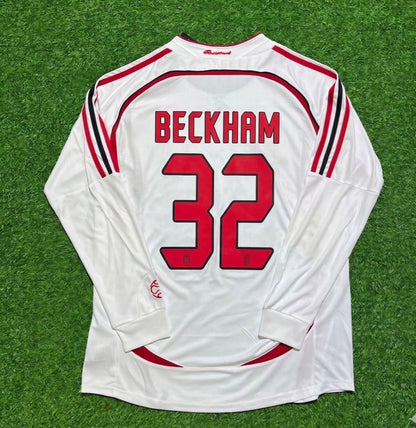 David Beckham #32 AC Milan Away White Long Sleeve Retro Football Jersey