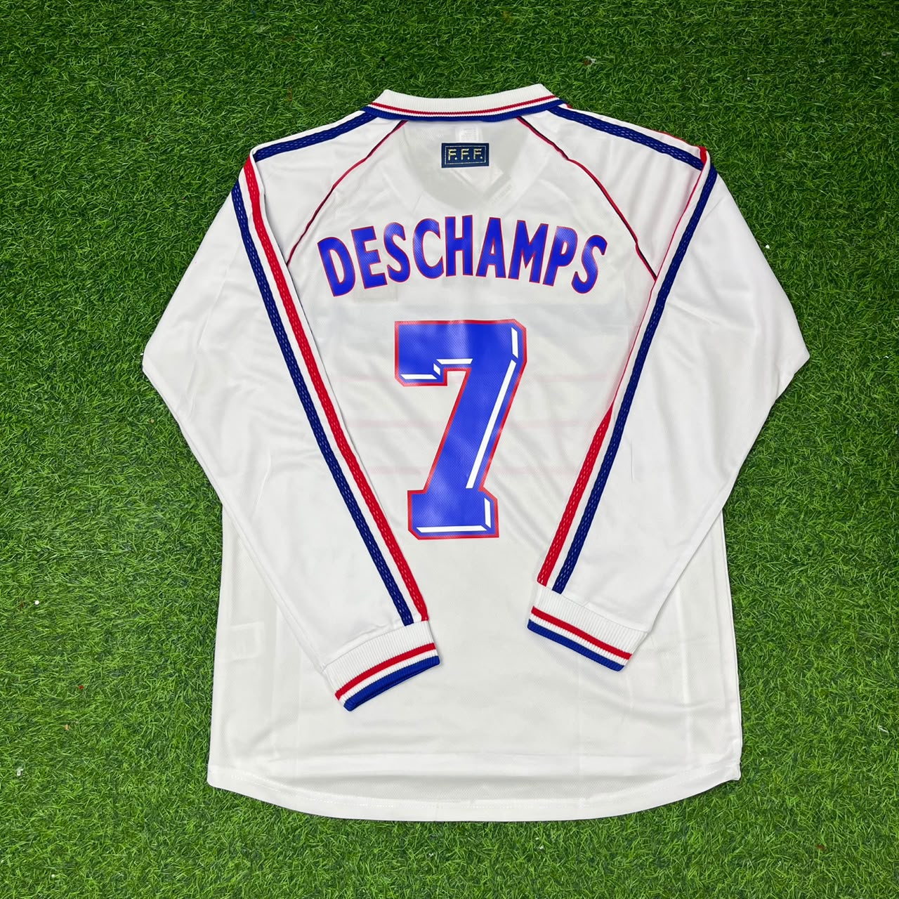 France World Cup 1998 Didier Deschamps #7 White Away Long Sleeve Retro Football Jersey