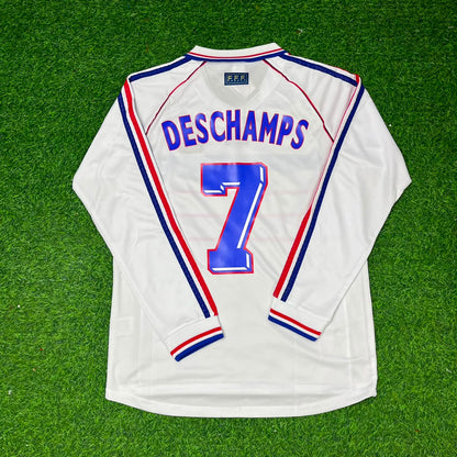 France World Cup 1998 Didier Deschamps #7 White Away Long Sleeve Retro Football Jersey