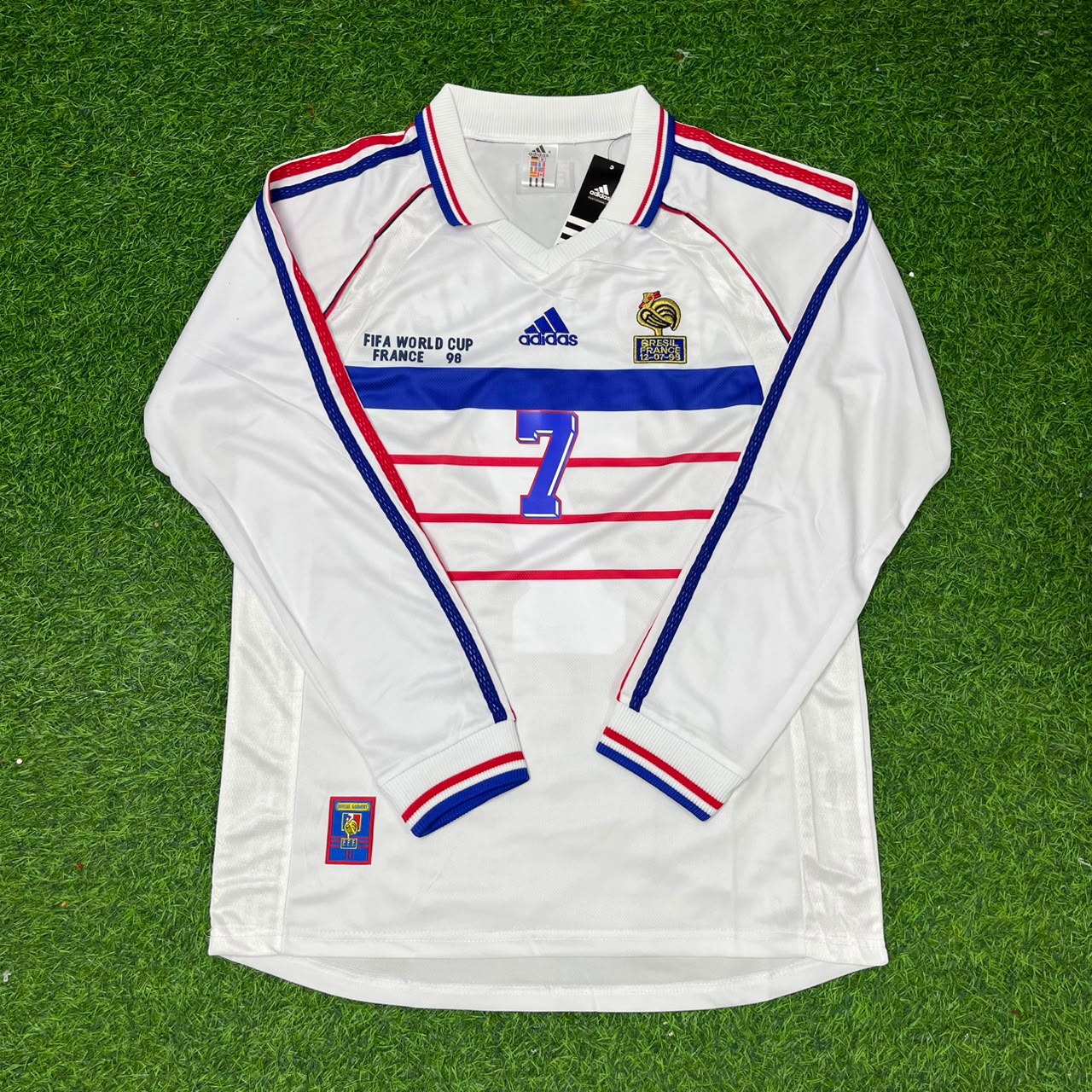 France World Cup 1998 Didier Deschamps #7 White Away Long Sleeve Retro Football Jersey