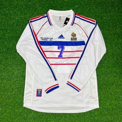France World Cup 1998 Didier Deschamps #7 White Away Long Sleeve Retro Football Jersey