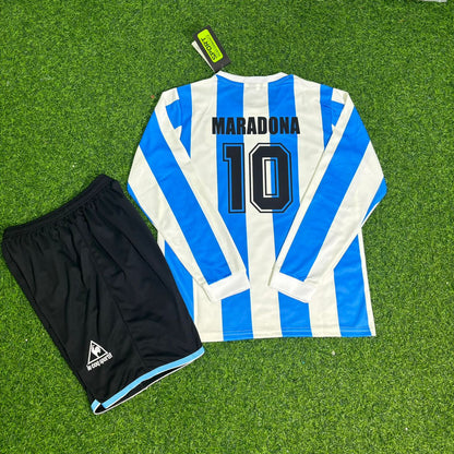 Argentina World Cup 1986 Diego Maradona Retro Long Sleeve Kids Football Jersey Kit
