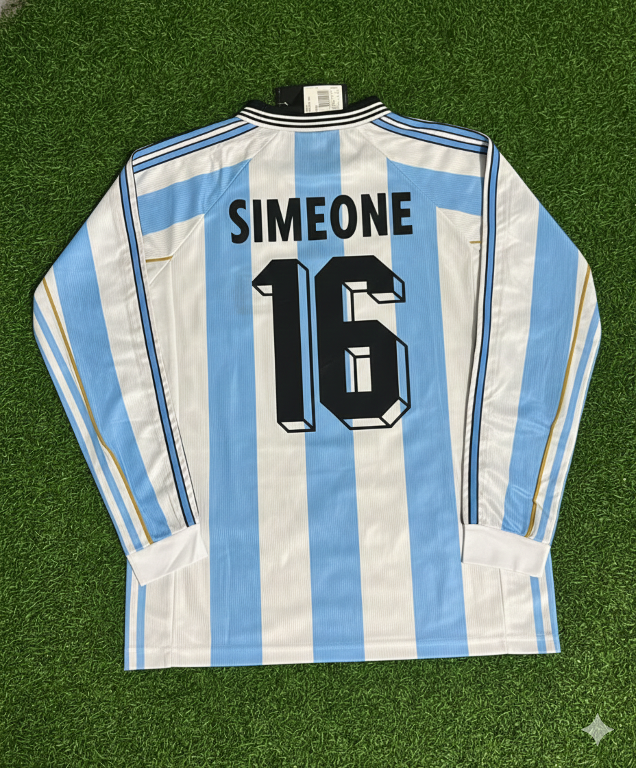Argentina World Cup 1998 Diego Simeone White Long Sleeve Retro Football Jersey Kit