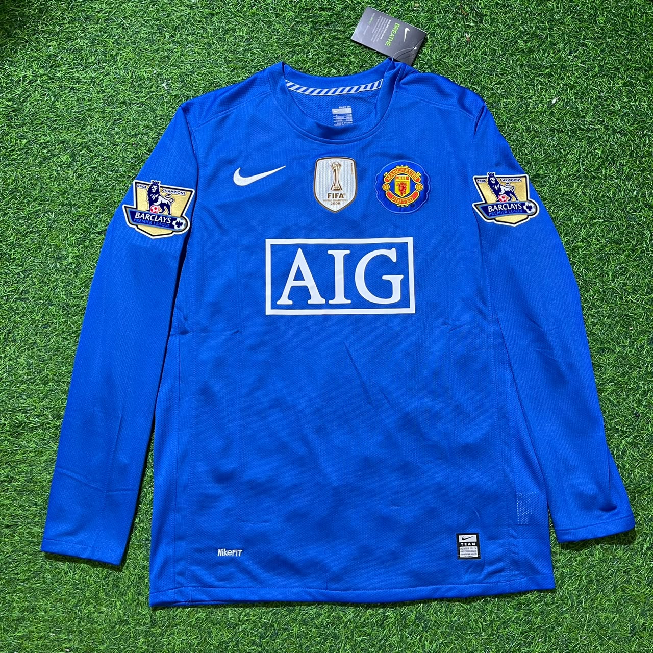 Dimitar Berbatov Manchester United 2008 Blue EPL Patch Retro Long Sleeve Football Jersey Kit