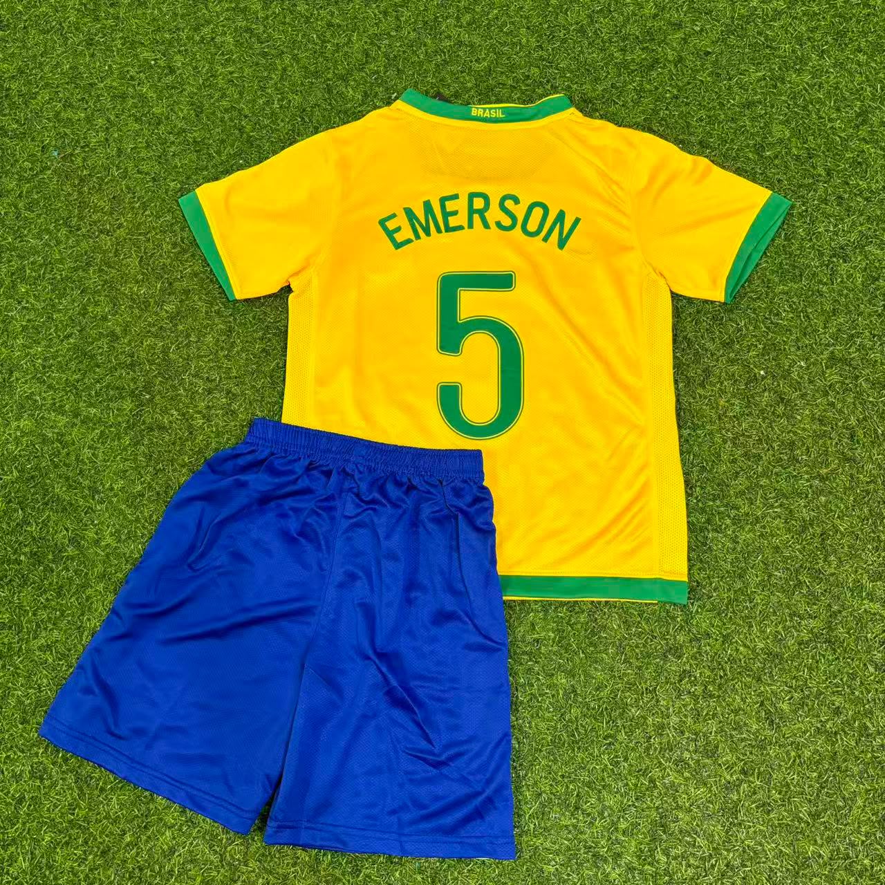 Emerson #5 Brazil Home Yellow Retro Kids Football Jersey Kit