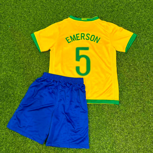 Emerson #5 Brazil Home Yellow Retro Kids Football Jersey Kit