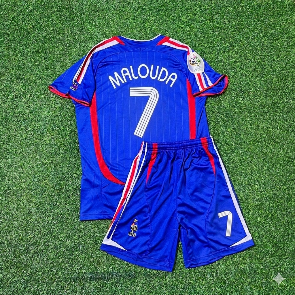 France World Cup 2006 Florent Malouda #7 Kids Blue Retro Football Jersey Kit