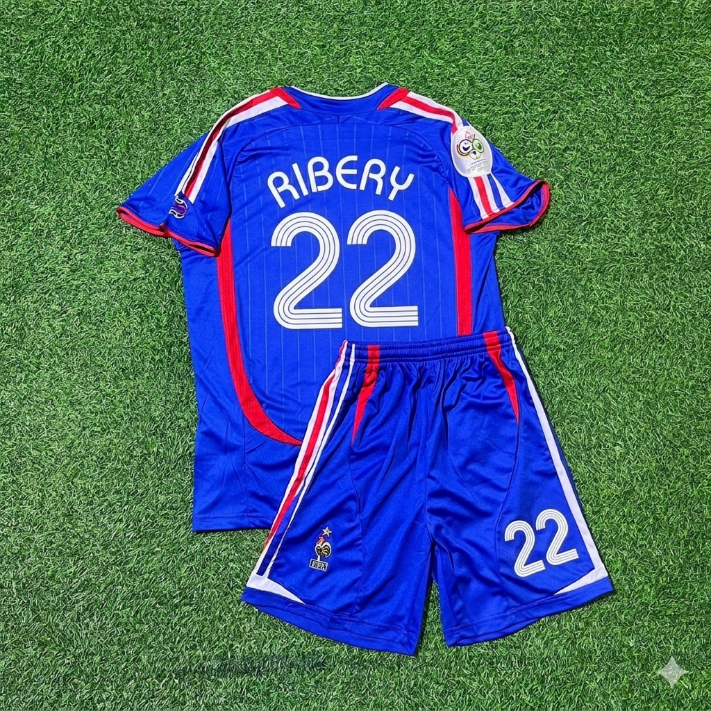 France World Cup 2006 Franck Ribéry #22 Kids Blue Retro Football Jersey Kit