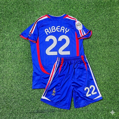 France World Cup 2006 Franck Ribéry #22 Kids Blue Retro Football Jersey Kit