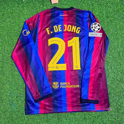 Frenkie De Jong #21 Barcelona 2027 Champions League Patch Home Long Sleeve Football Jersey