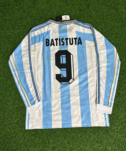 Argentina World Cup 1998 Gabriel Batistuta White Long Sleeve Retro Football Jersey Kit