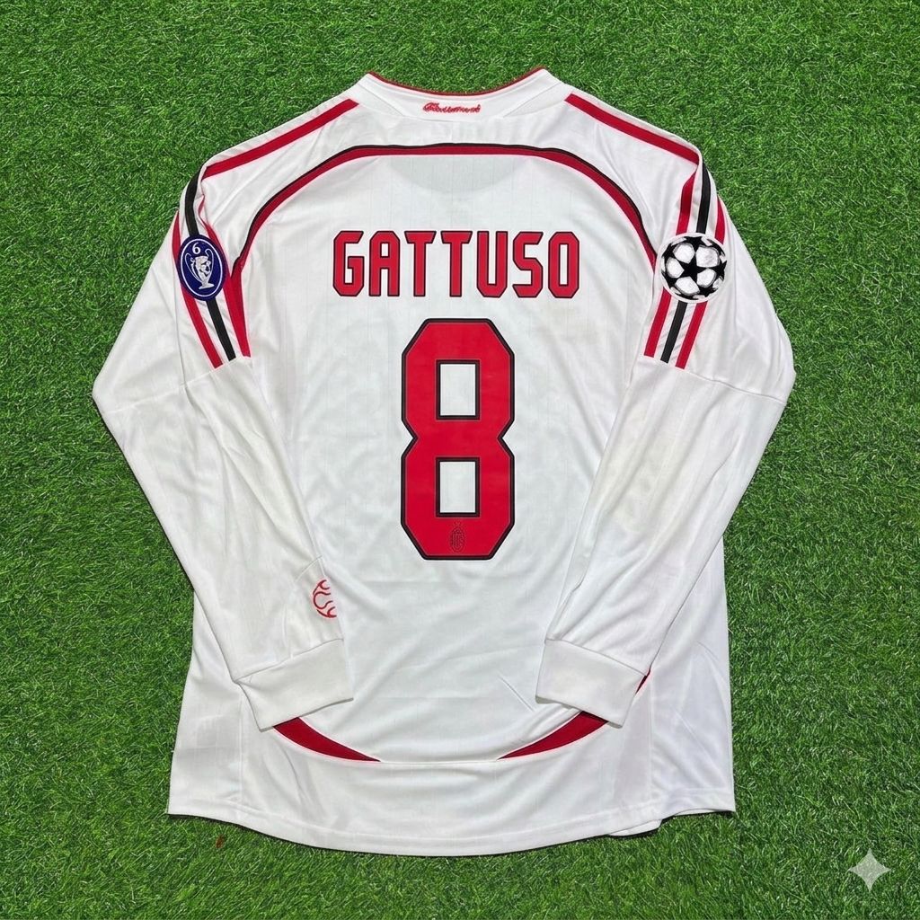 Gennaro Gattuso #8 AC Milan 2007 Champions League Final Away White Long Sleeve Retro Football Jersey