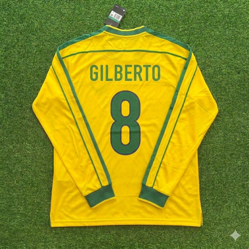 Gilberto Silva #8- Brazil Long Sleeve Retro Football Jersey Kit Shirt