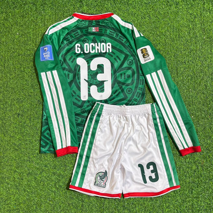 Mexico World Cup 2026 Guillermo Ochoa Home Green Long Sleeve Kids Football Jersey