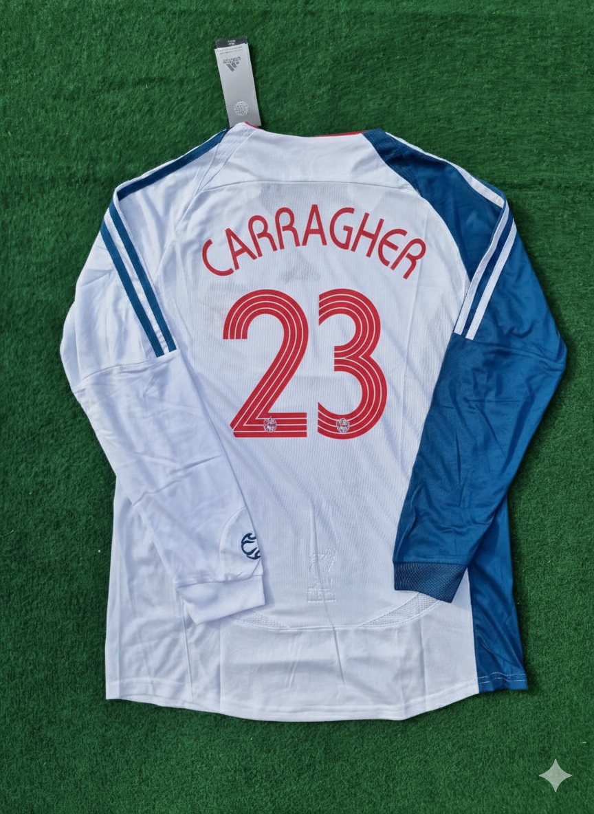 Jamie Carragher Liverpool 2007 White Blue Long Sleeve Retro Football Jersey
