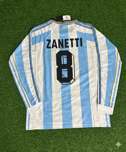 Argentina World Cup 1998 Javier Zanetti White Long Sleeve Retro Football Jersey Kit