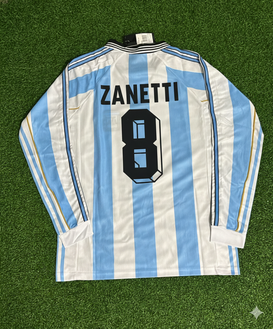Argentina World Cup 1998 Javier Zanetti White Long Sleeve Retro Football Jersey Kit