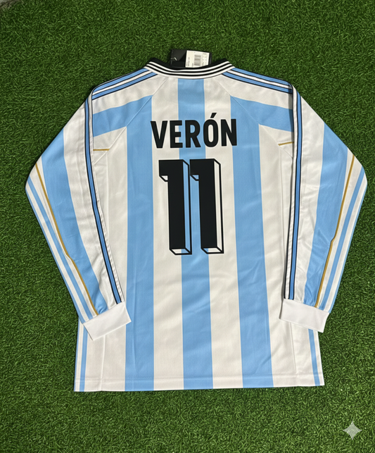 Argentina World Cup 1998 Juan Sebastian Veron White Long Sleeve Retro Football Jersey Kit