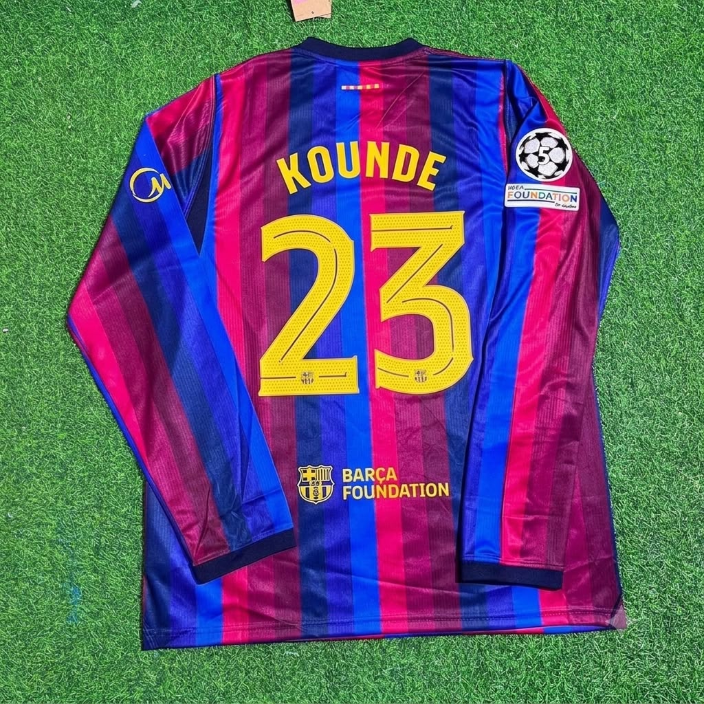 Jules Kounde #23 Barcelona 2027 Champions League Patch Home Long Sleeve Football Jersey