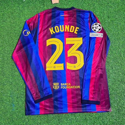 Jules Kounde #23 Barcelona 2027 Champions League Patch Home Long Sleeve Football Jersey