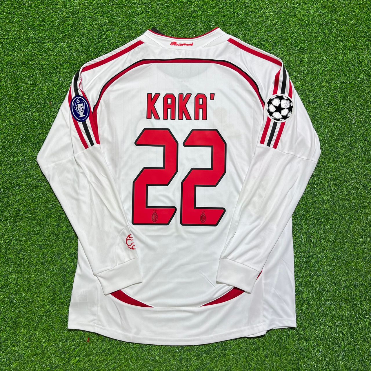 Kaká #22 AC Milan 2007 Champions League Final Away White Long Sleeve Retro Football Jersey