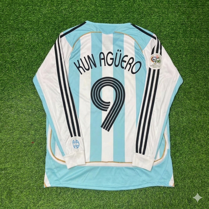 Argentina World Cup 2006 Sergio Kun Agüero #9 Retro Long Sleeve Football Jersey