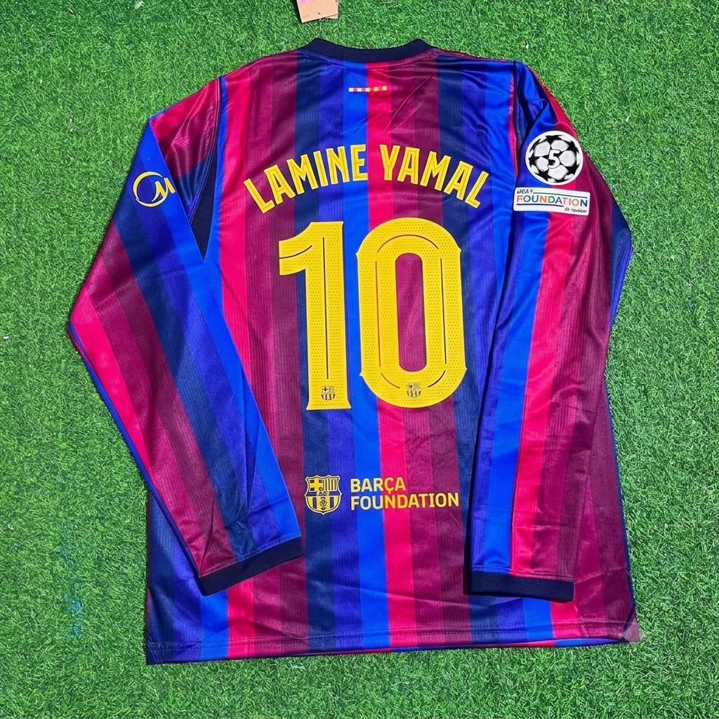 Lamine Yamal #10 Barcelona 2027 Champions League Patch Home Long Sleeve Football Jersey