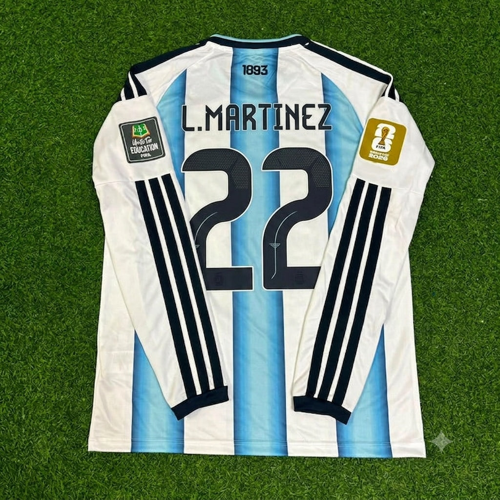 Argentina World Cup 2026 Lautaro Martinez #22 Home Patch Long Sleeve Football Jersey