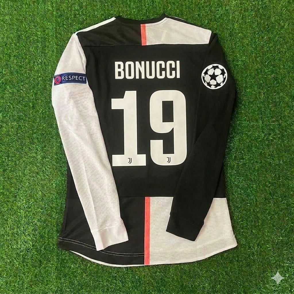 Leonardo Bonucci 19- Juventus Long Sleeve 2019 2020 Retro White Black Football Jersey
