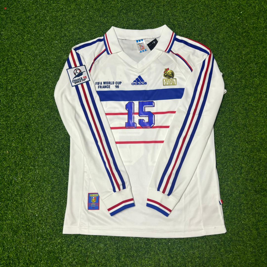 France World Cup 1998 Lilian Thuram #15 White Away Long Sleeve Retro Football Jersey