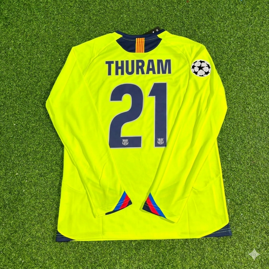 Lilian Thuram Barcelona 2005-2006 Yellow Green Retro Long Sleeve Football Jersey Kit
