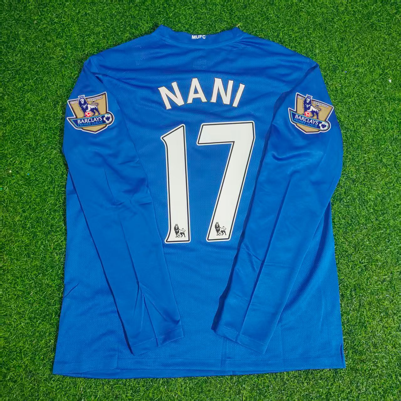 Luis Nani Manchester United 2008 Blue EPL Patch Retro Long Sleeve Football Jersey Kit