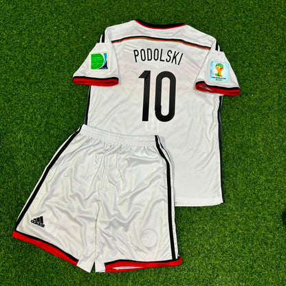 Germany World Cup 2014 Lukas Podolski Kids White Retro Football Jersey Kit