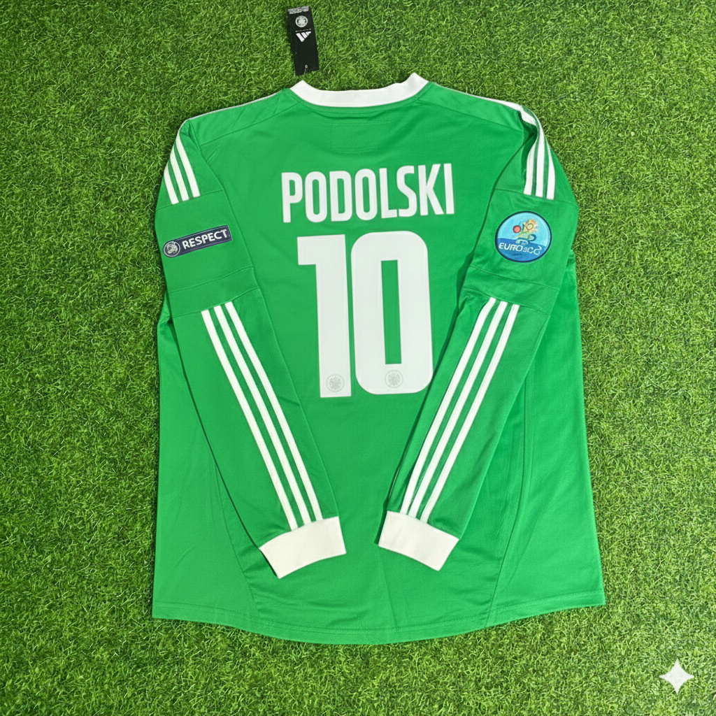 Germany EURO 2012 Lukas Podolski Long Sleeve Green Retro Football Jersey
