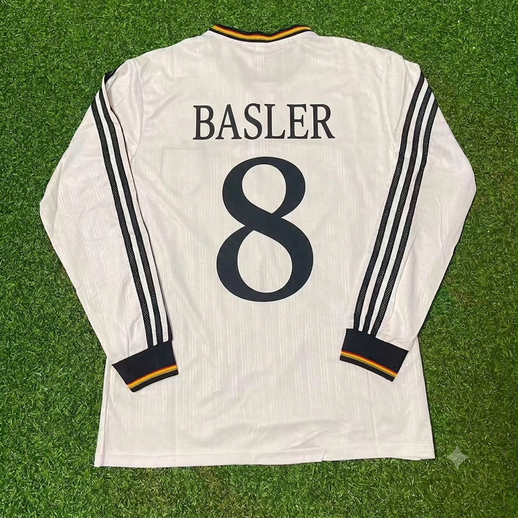 Germany EURO 1996 Mario Basler #8 Final Home Long Sleeve Retro Football Jersey Kit