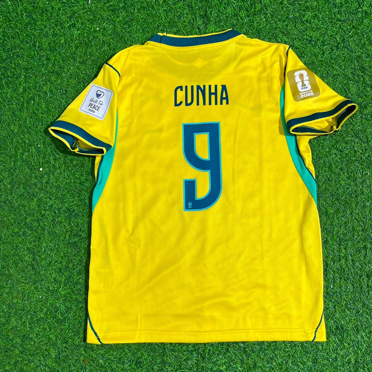 Matheus Cunha #9 Brazil 2026 World Cup Yellow Home Kids Football Jersey Paradise Edition