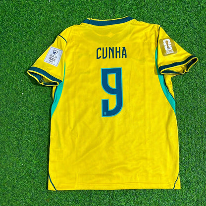 Matheus Cunha #9 Brazil 2026 World Cup Yellow Home Kids Football Jersey Paradise Edition
