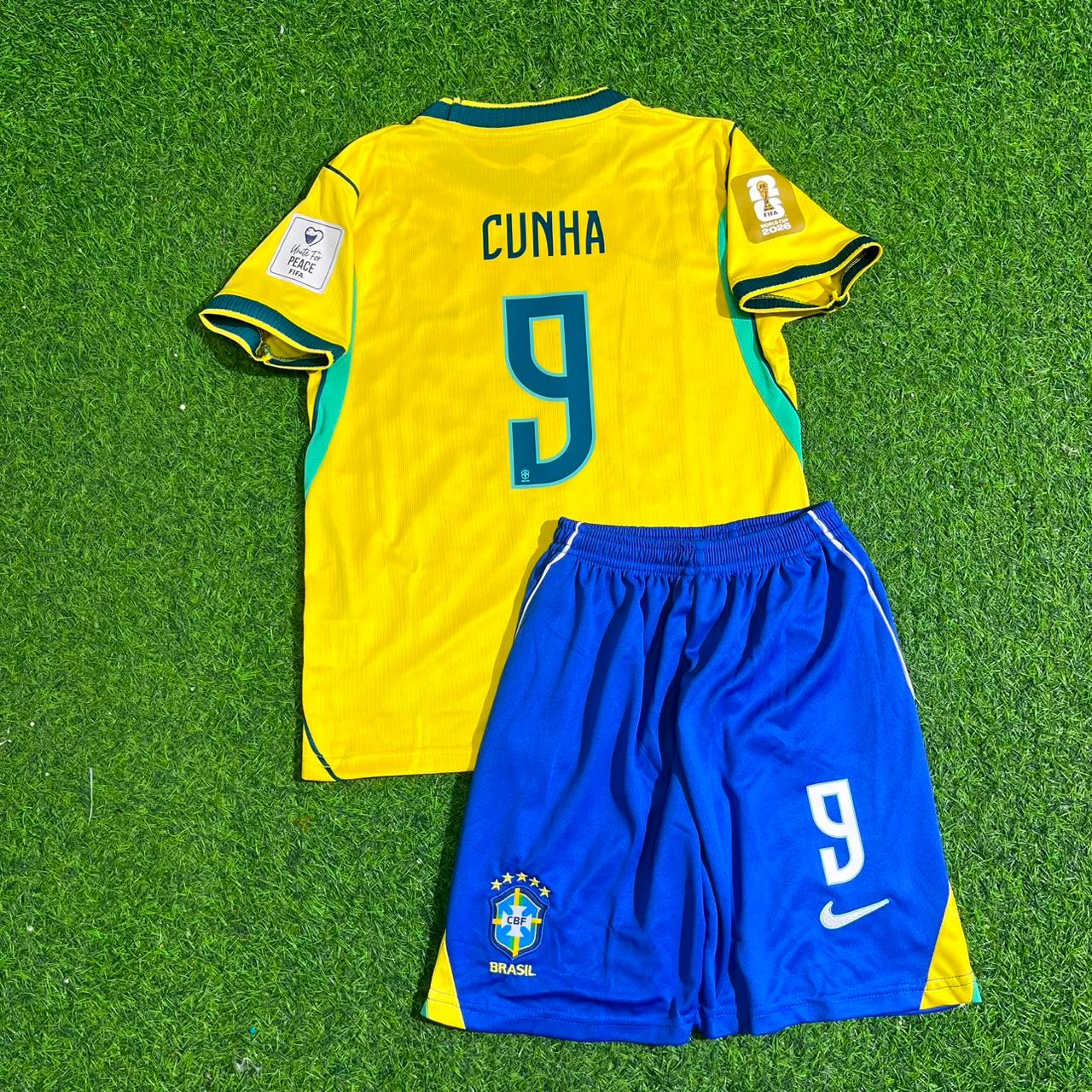 Matheus Cunha #9 Brazil 2026 World Cup Yellow Home Kids Football Jersey Paradise Edition