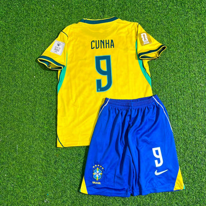 Matheus Cunha #9 Brazil 2026 World Cup Yellow Home Kids Football Jersey Paradise Edition