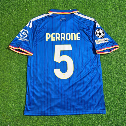 Máximo Perrone #5 Como 2027 Home Blue Champions League Patch Football Jersey