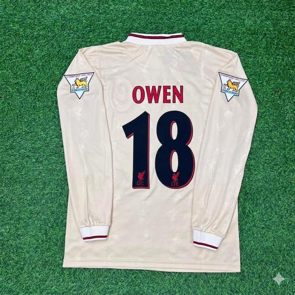 Michael Owen Liverpool 1996 1997 Retro Away White Long Sleeve Football Jersey