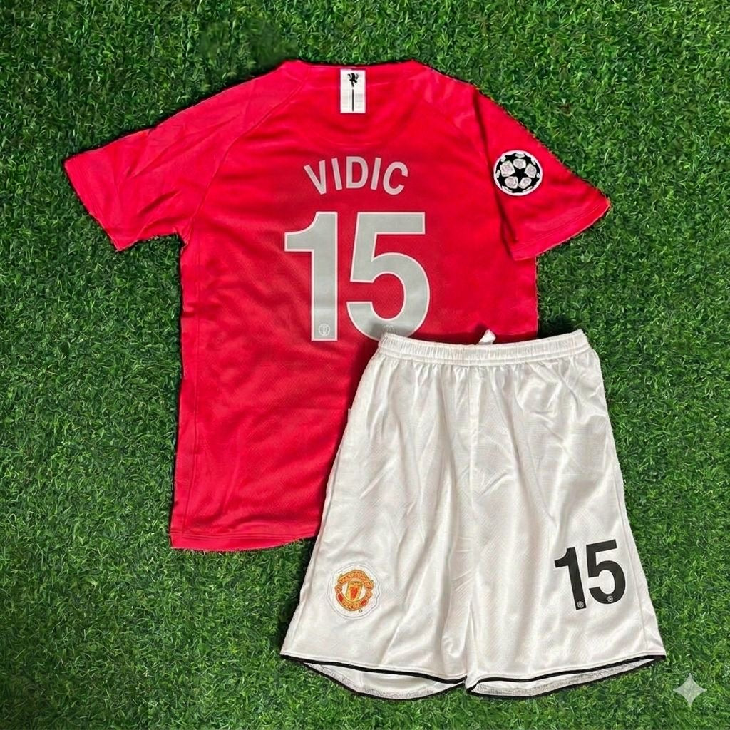 Nemanja Vidić #15 Manchester United 2008 Final Kids Children Home Football Jersey Kit