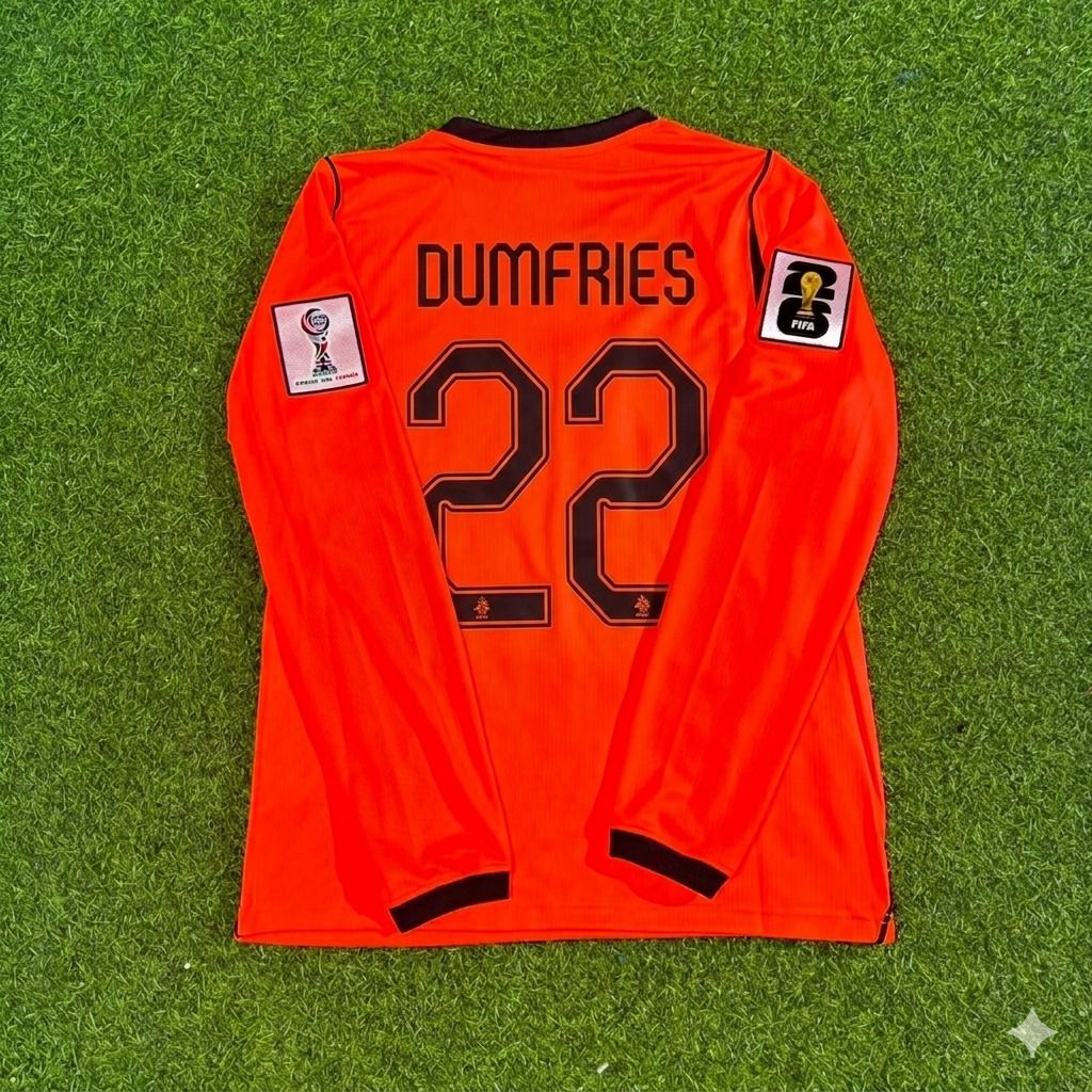 Netherlands 2026 World Cup Denzel Dumfries #22 Home Long Sleeve Football Jersey front view