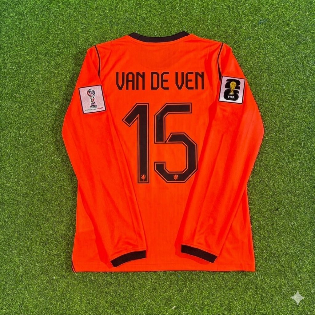 Netherlands 2026 World Cup Micky van de Ven #15 Home Long Sleeve Football Jersey front view
