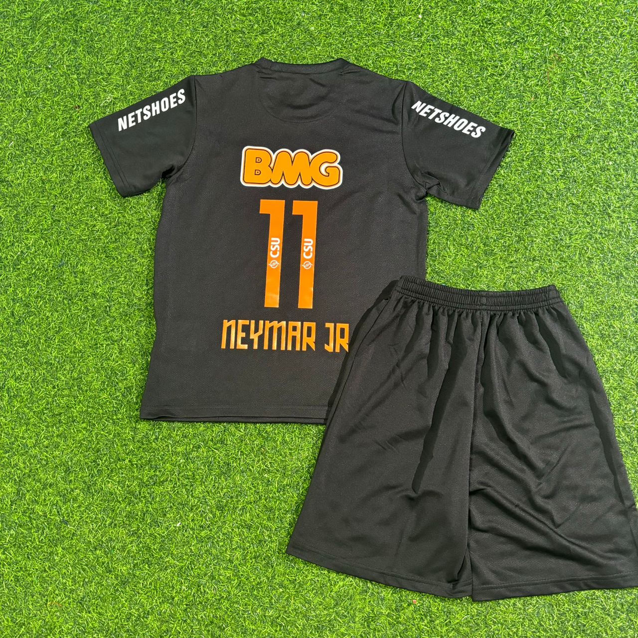 Santos Neymar Jr #11 Black Special Golden Font Kids Retro Football Jersey Kit