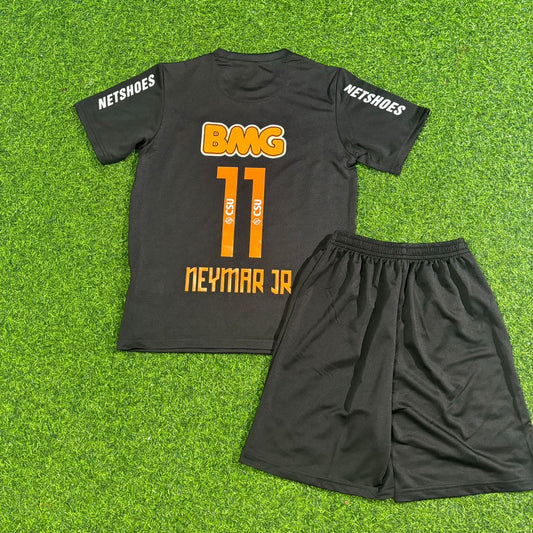 Santos Neymar Jr #11 Black Special Golden Font Kids Retro Football Jersey Kit