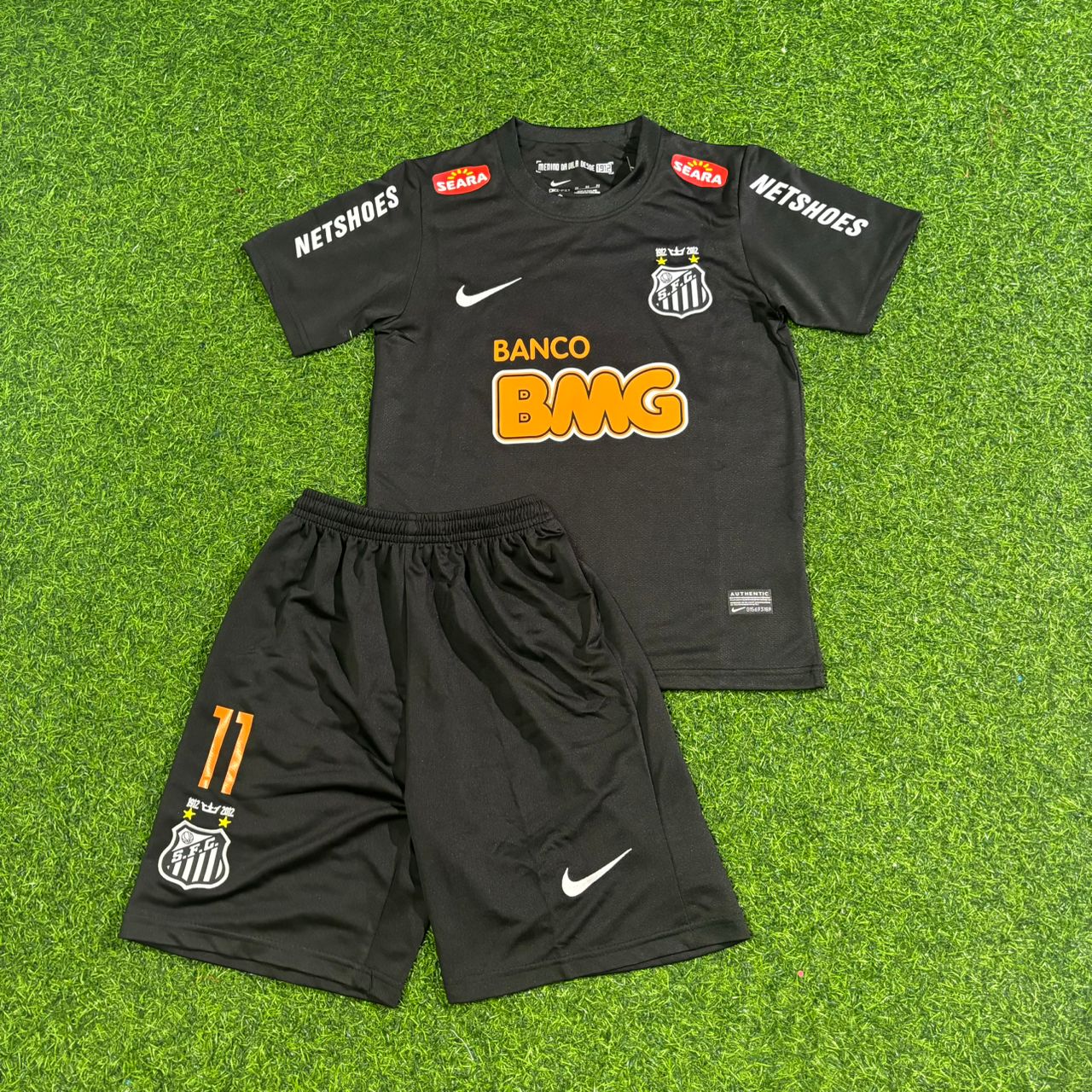 Santos Neymar Jr #11 Black Special Golden Font Kids Retro Football Jersey Kit