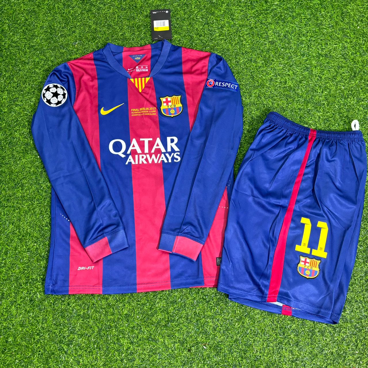 Barcelona Neymar Jr 2015 Champions League Final Long Sleeve Kids Retro Football Jersey Kit